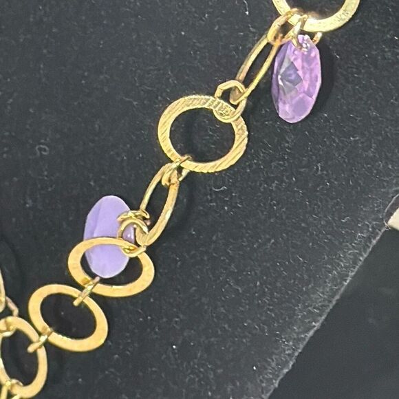 Vintage Bright Gold Tone Amethyst Faceted Plastic Bead Necklace With Filigree Ta - Picture 6 of 15